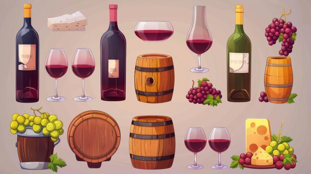 Set d'illustrations modernes de dessins animés d'éléments de boissons alcoolisées à base de raisin, de barils et de boîtes en bois, de bouteilles et de verres avec du fromage au vin rouge