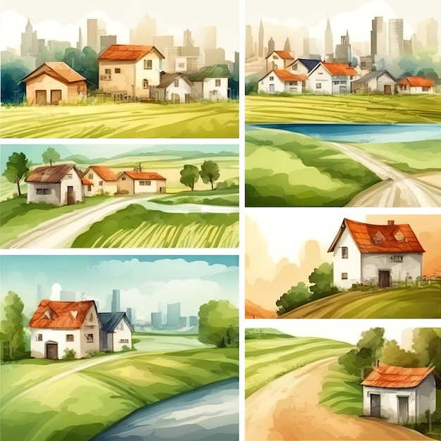 Set de maison au bord de la route Illustration peinte à la main à l'aquarelle