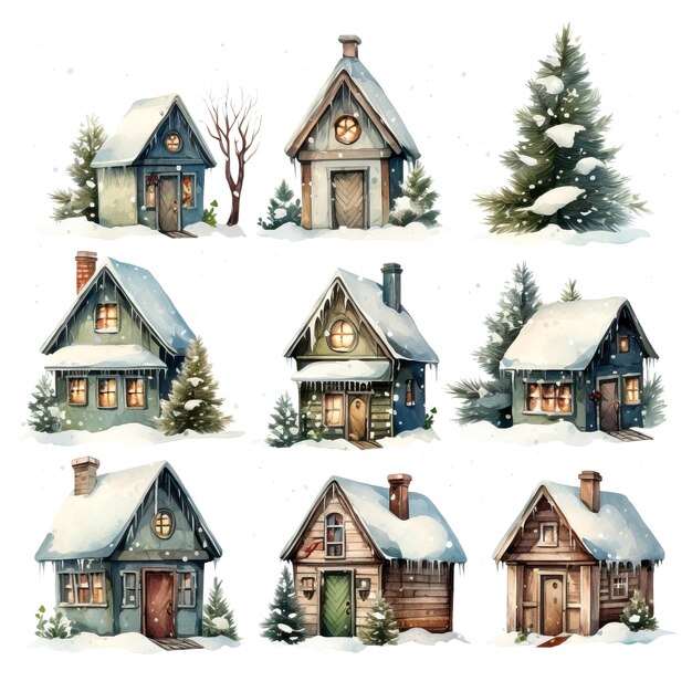 Photo set de maisons d'hiver à l'aquarelle illustration dessinée à la main isolée sur fond blanc