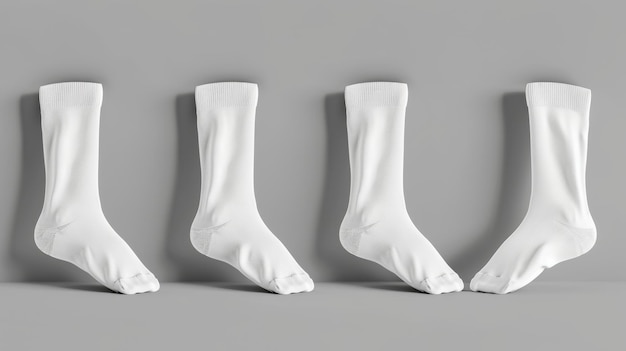 Photo set de maquettes de chaussettes blanches isolées sur fond gris illustration réaliste moderne d'un tissu de coton étiquettes de carton de vêtement et modèle de marque d'entreprise à utiliser sur les vêtements pour les pieds