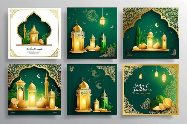 Set de modèle de poste de médias sociaux carrés en vert blanc et or avec conception de lanterne Iftar signifie est le petit déjeuner