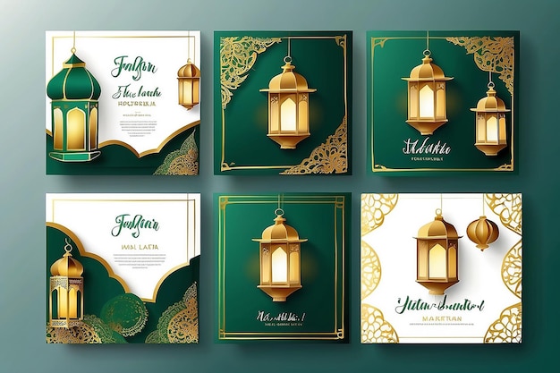 Set de modèle de poste de médias sociaux carrés en vert blanc et or avec conception de lanterne Iftar signifie est le petit déjeuner