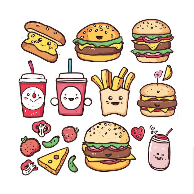 Set de nourriture de différents styles de dessins animés