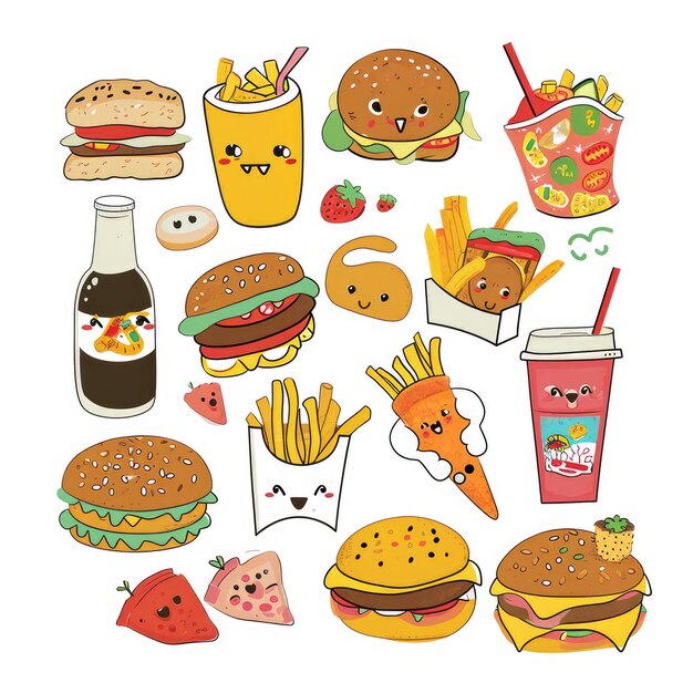 Set de nourriture de différents styles de dessins animés