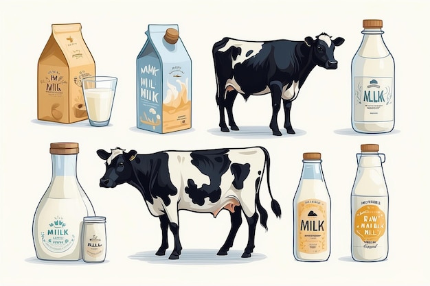 Photo a set of simple raw milk illustrations