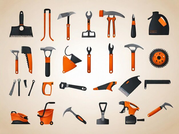 Set d'outils de construction icônes plates pinces à clé marteau tournevis brosse hache à rouleaux scie et ruban à mesurer