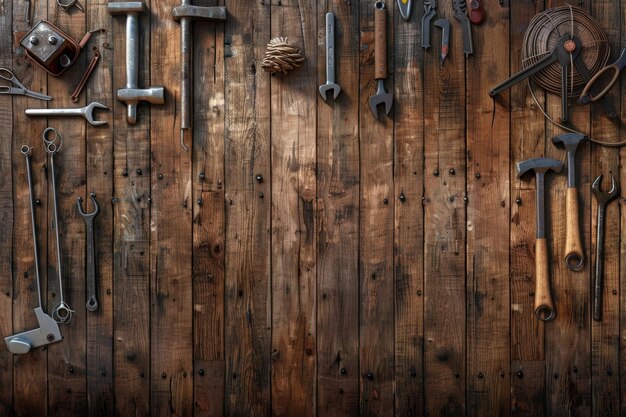 Set d'outils sur un panneau en bois avec de l'espace pour le texte