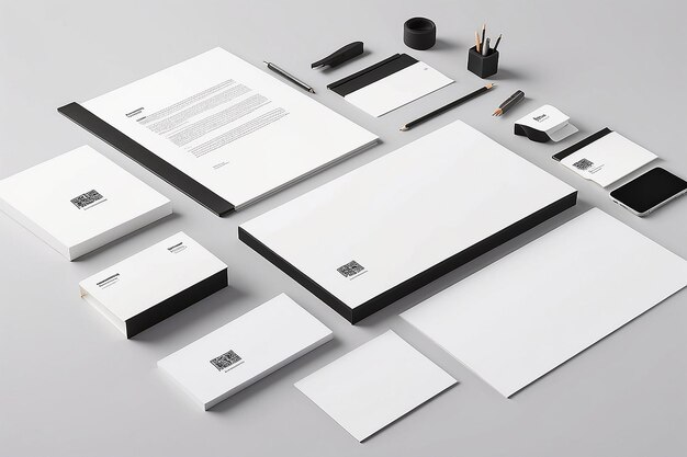 Set de papeterie personnalisable Mockup vitrine Identité de la marque sur un fond blanc vide