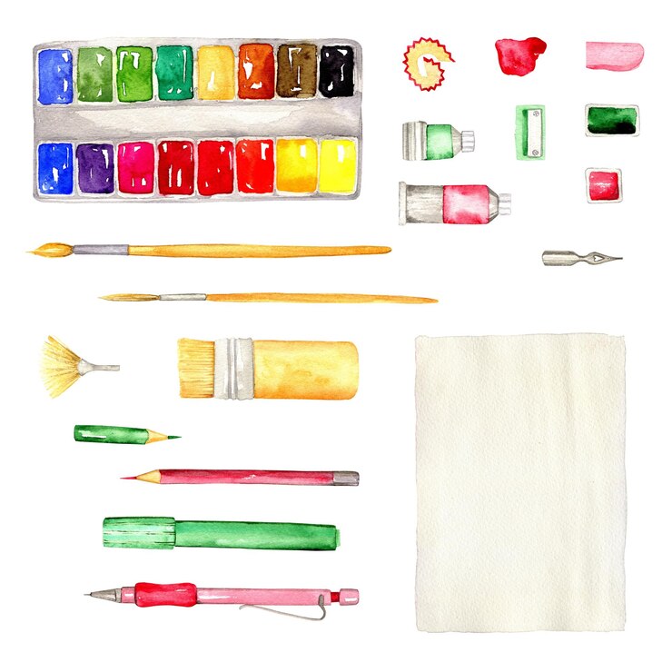 Photo set de peintures à l'aquarelle avec pinceaux, crayon, carnet de croquis rouge et tubes avec feuille de papier