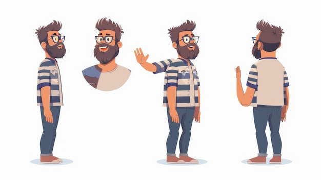 Photo set de personnages animés d'un homme barbu en lunettes agitant sa main un faisceau d'éléments du corps et de détails du visage pour l'animation isolés sur blanc