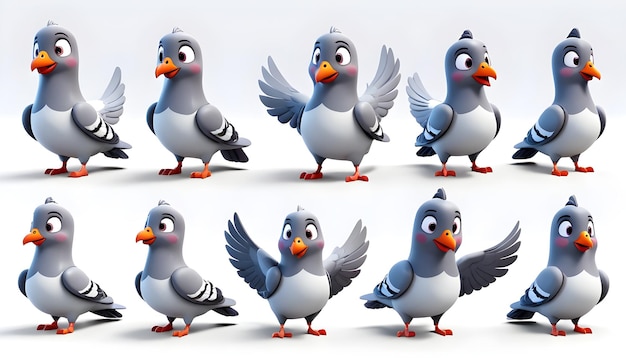 Photo set de personnages pigeon en 3d