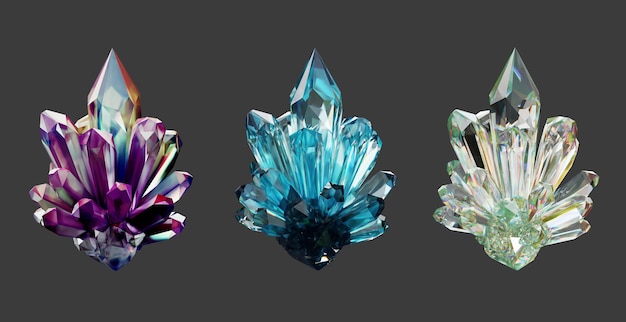 Set de pierres précieuses en cristal, fond isolé, rendu 3D sans IA généré