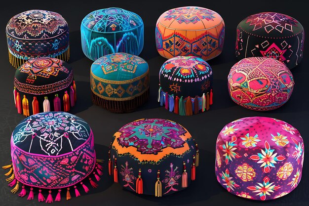 Set de poufs marocains 32 bits de pixels avec des motifs brodés et Ta Game Asset Design Concept Art