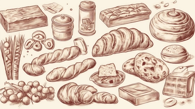 Set de produits de boulangerie comprenant divers types de pain et de gâteaux