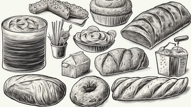 Set de produits de boulangerie comprenant divers types de pain et de gâteaux