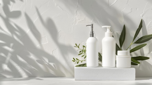 Set de produits cosmétiques sur fond clair Bouteille de pompe en plastique blanc pour moquette de lotion de shampooing sur podium en pierre