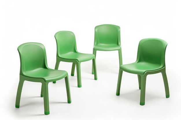 Set de quatre chaises en plastique vert sur une surface blanche ou transparente PNG arrière-plan transparent