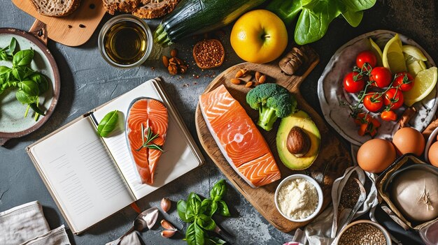 Photo set de régime céto d'ingrédients alimentaires carnet avec l'inscription céto