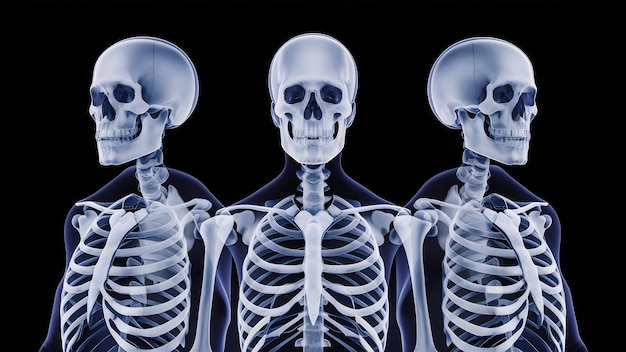 Set de rendu 3D d'un squelette humain isolé par rayons X sur fond noir