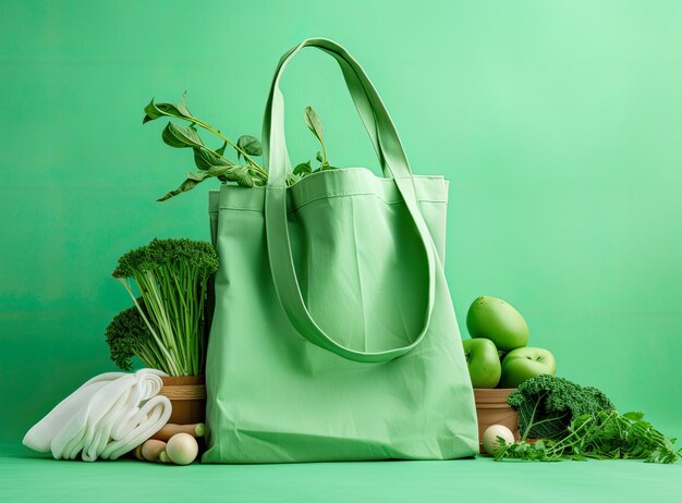 Photo set sans plastique avec sac en coton, pot en verre, feuilles vertes et vaisselle recyclée, vue supérieure, concept écologique à zéro déchet.