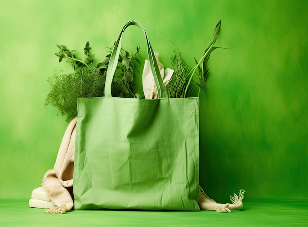 Set sans plastique avec sac en coton, pot en verre, feuilles vertes et vaisselle recyclée, vue supérieure, concept écologique à zéro déchet.