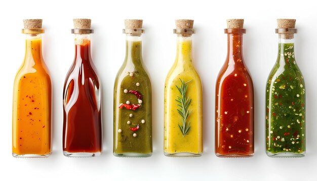 Photo set de savoureuses sauces dans des bouteilles sur fond blanc