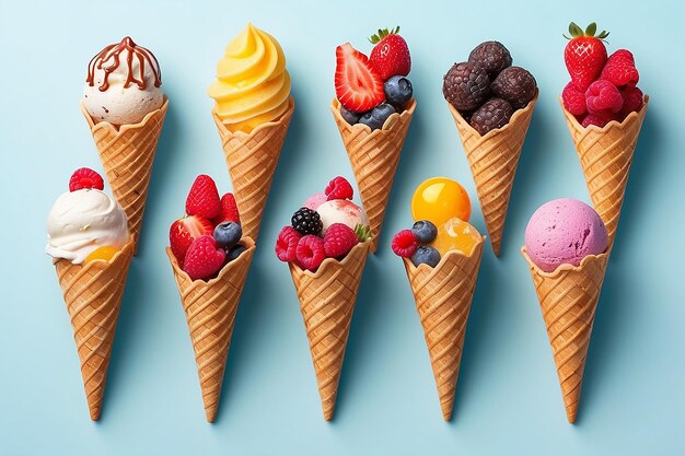 Set de scoops de crème glacée de différentes couleurs et saveurs avec des baies, des noix et des fruits décorés isolés sur fond blanc