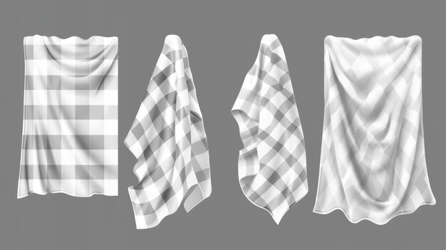 Photo set de serviettes de cuisine à carreaux blancs et rayés isolés sur un fond noir illustration moderne d'une mouchoire en tissu, d'une nappe de table pour un restaurant ou une maison ou de linge propre après le lavage