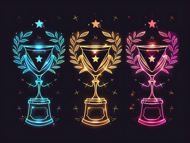 Set de Shiny Trophy 32 Bit Pixel avec des étoiles et des feuilles de laurier avec le jeu Asset Tshirt Concept Art