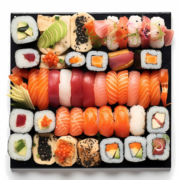 Un set à sushi comprenant un assortiment de nigiri sashimi et de maki rolls mettant en valeur la diversité des