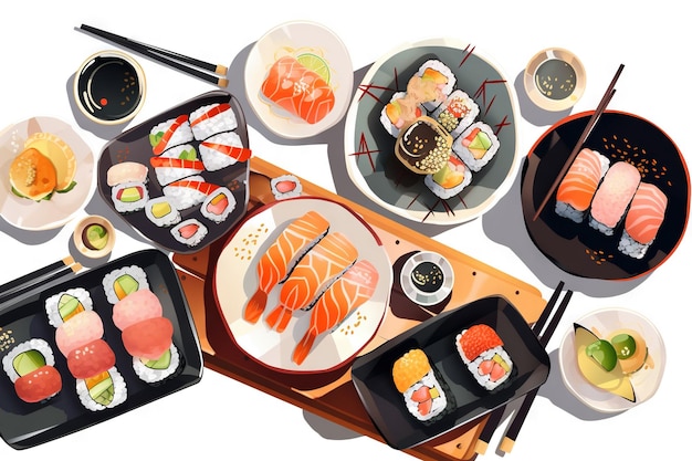 Set de sushis Collection de imbéciles rapides dans le style asiatique Shushi classique et rouleaux de riz générés par l'IA