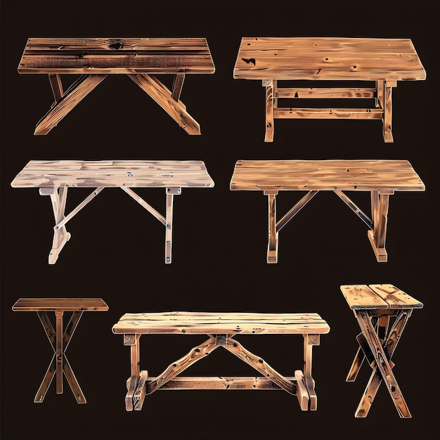 Set de tables de ferme rustique 16 bits pixel avec bois récupéré et Cros Asset Game Design Concept Art