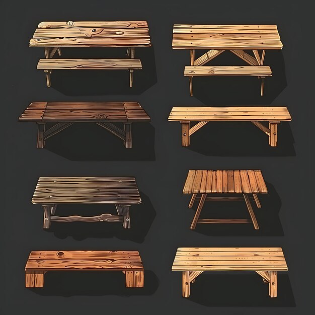 Set de tables de ferme rustique 16 bits pixel avec bois récupéré et Cros Asset Game Design Concept Art