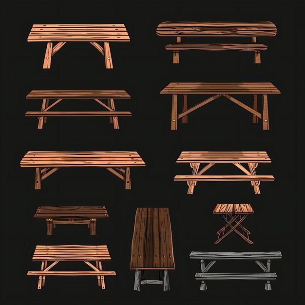 Set de tables de ferme rustique 16 bits pixel avec bois récupéré et Cros Asset Game Design Concept Art