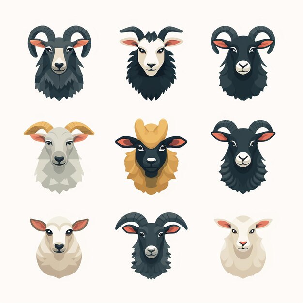 Set de têtes de moutons Illustration vectorielle dans le style des dessins animés Animaux de ferme