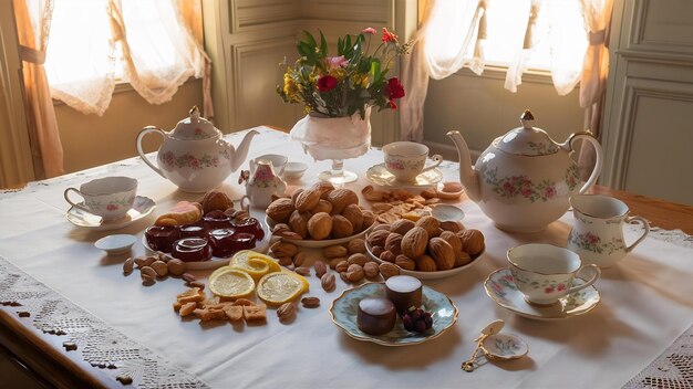 Photo set de thé avec des variétés de confiture traditionnelle de noix, de citron et de bonbons servi sur une nappe blanche