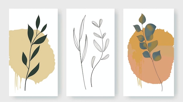 Set de trois estampes d'art botanique avec des dessins végétaux minimalistes sur des arrière-plans abstraits colorés