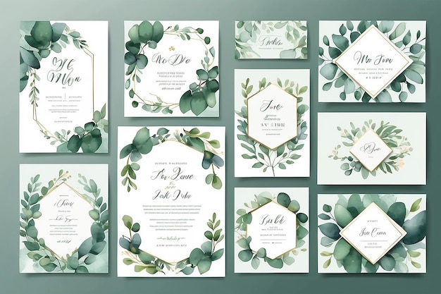 Set vectoriel d'aquarelle modèle de carte d'invitation de mariage avec des feuilles d'eucalyptus vertes Illustration pour les cartes enregistrer la date conception de salut invitation florale