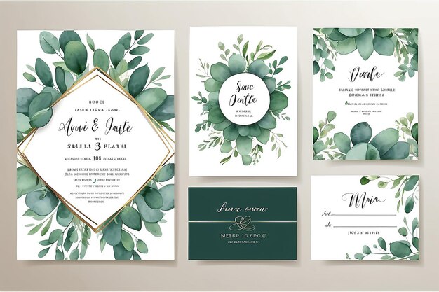 Set vectoriel d'aquarelle modèle de carte d'invitation de mariage avec des feuilles d'eucalyptus vertes Illustration pour les cartes enregistrer la date conception de salut invitation florale