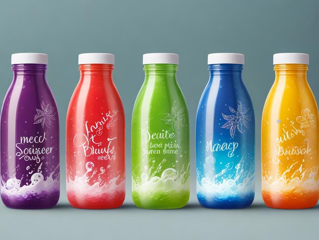 Set vectoriel de bouteilles de jus réalistes isolées sur le fond Containers en plastique colorés pour boissons de fruits et légumes avec étiquettes raisin citron pomme carotte fraise Mockup pour la conception de l'emballage