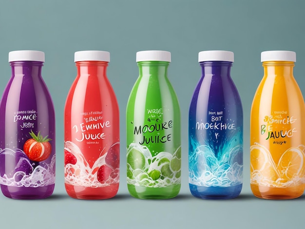 Set vectoriel de bouteilles de jus réalistes isolées sur le fond Containers en plastique colorés pour boissons de fruits et légumes avec étiquettes raisin citron pomme carotte fraise Mockup pour la conception de l'emballage