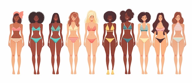 Set vectoriel de filles en maillot de bain et bikini Belles filles d'été en maillots de bain avec des couleurs de peau différentes