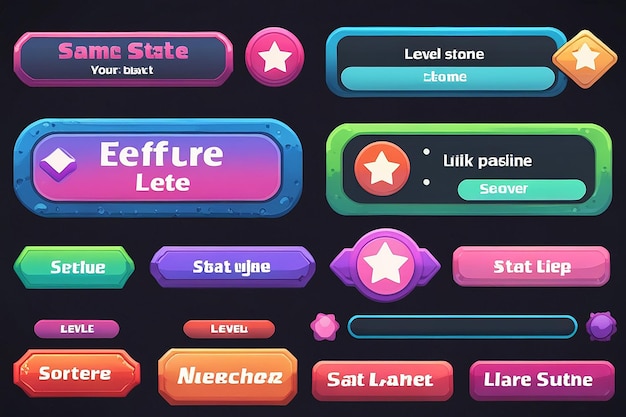 Set vectoriel d'interface utilisateur de jeu de style doux Sélectionnez le niveau et le bouton de démarrage du niveau avec effet de texte modifiable