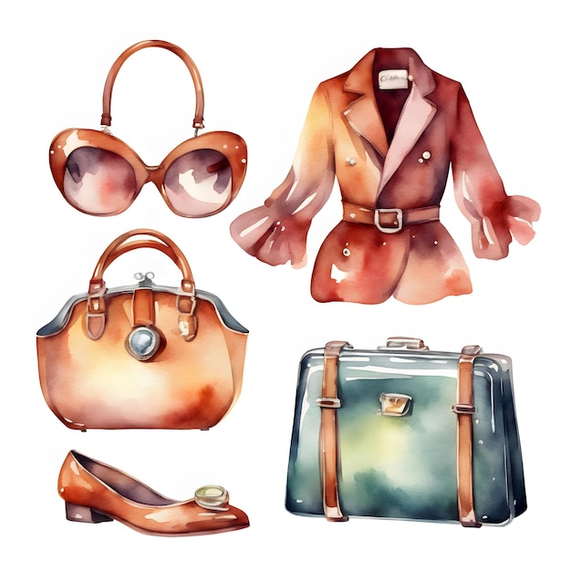 Set de vêtements de mode rétro avec accessoires Aquarelle illustration isolée peinte à la main