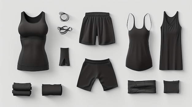 Photo set de vêtements de sport noirs pour femmes comprend un soutien-gorge de sport, un short, des leggings et une bande de résistance