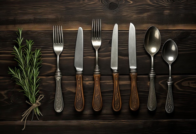 Set vintage rustique de couteaux, couteaux, cuillères et fourchettes Arrière-plan noir Vue supérieure Créée avec l'IA générative