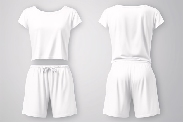Set de vue avant et arrière de vêtements de couchage en pyjama pour femmes modèle blanc avec crop top et pantalon court large Mock up
