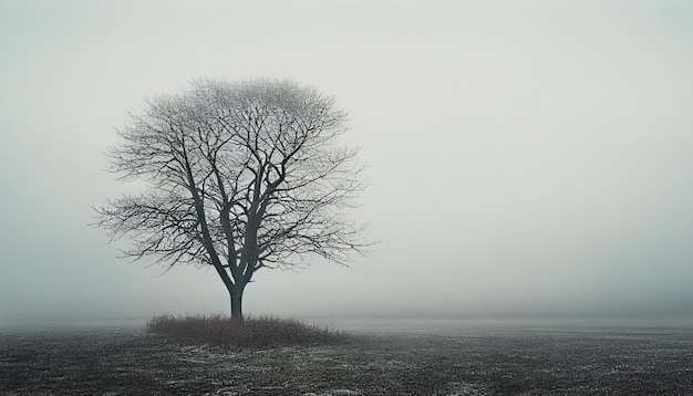 Un seul arbre dans un épais brouillard du matin paysage fond d'écran AI générative