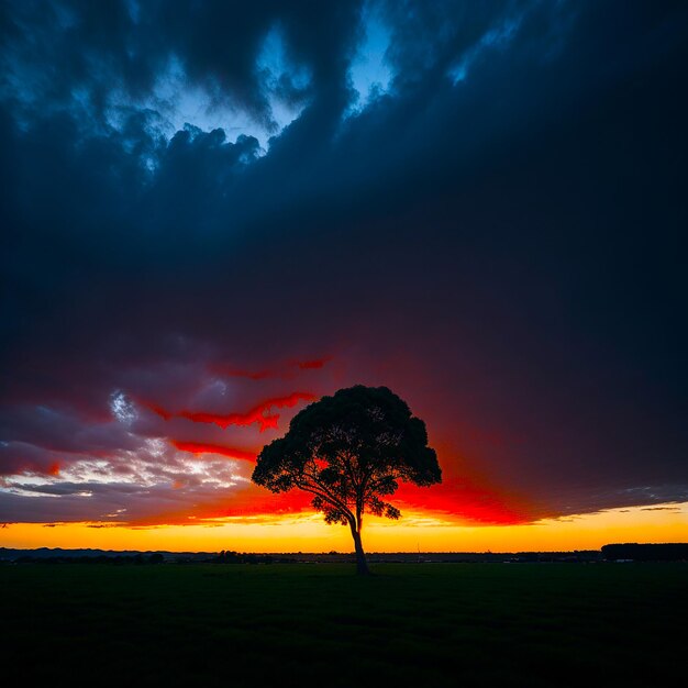 Un seul arbre poussant sous un ciel nuageux pendant un coucher de soleil entouré généré par l'IA