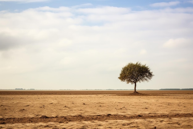 Un seul arbre sur un sol désertique sec contre un ciel spectaculaire Impact de la déforestation illustration avec espace de copie